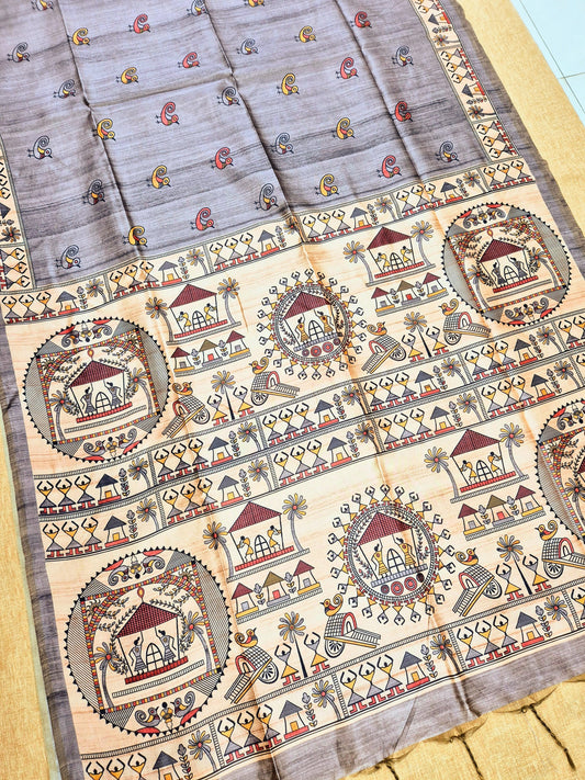 Tussar Silk Saree With  Warli Print Pallu - GREY
