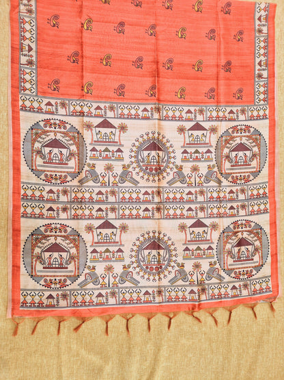 Tussar Silk Saree With  Warli Print Pallu - ORANGE
