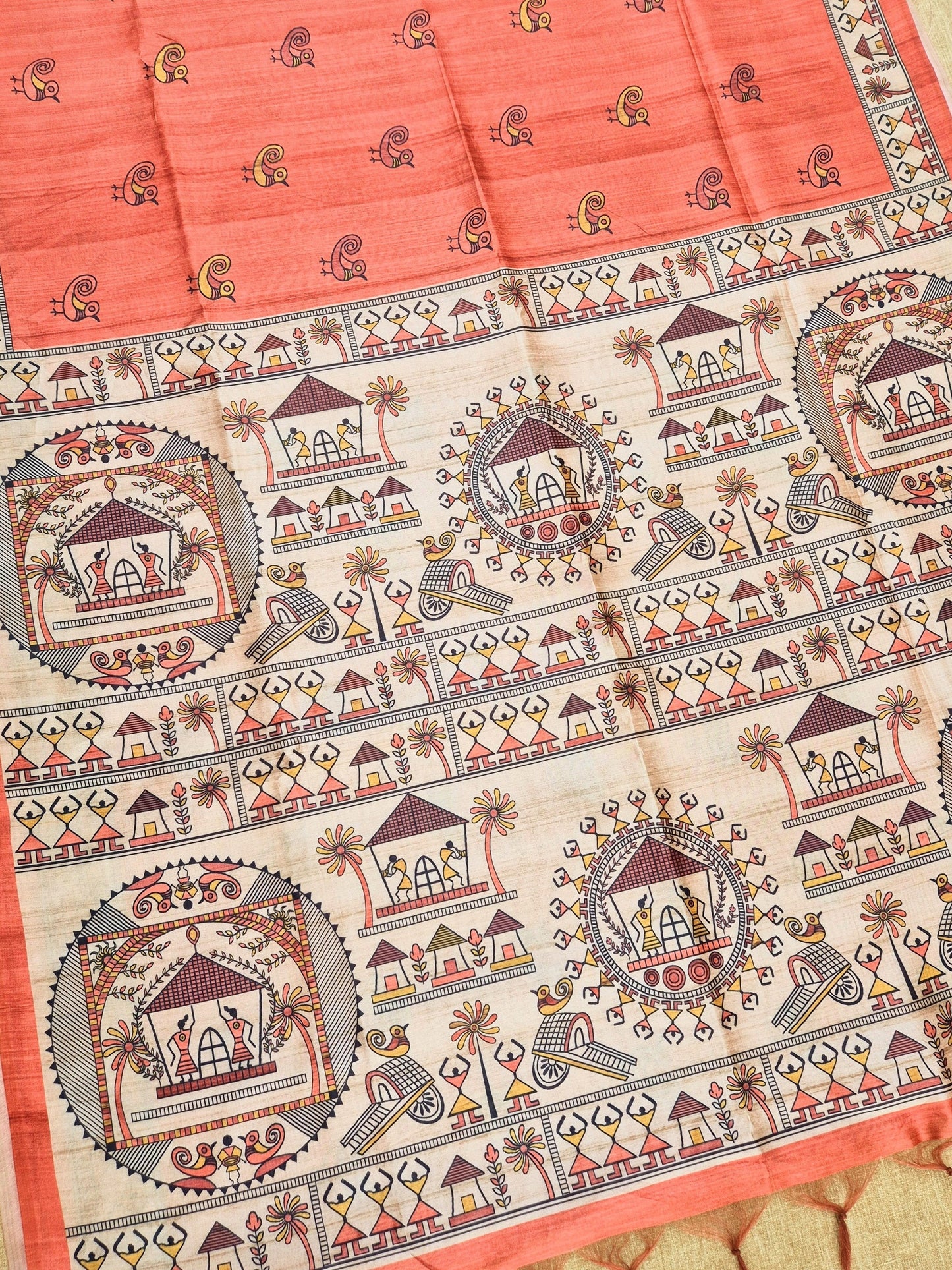 Tussar Silk Saree With  Warli Print Pallu - ORANGE