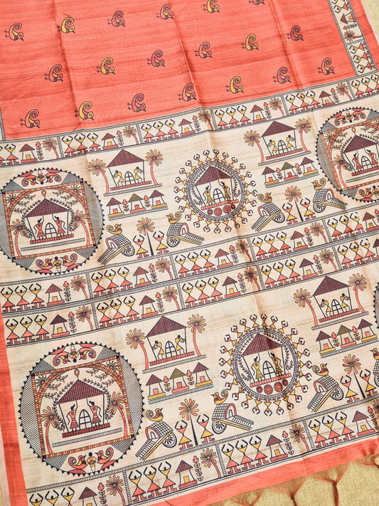 Tussar Silk Saree With  Warli Print Pallu - ORANGE
