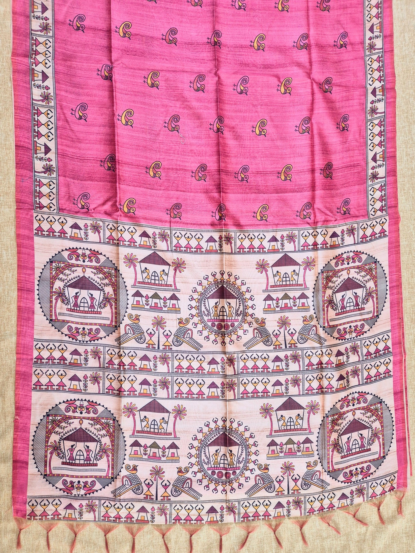 Tussar Silk Saree With  Warli Print Pallu - PINK
