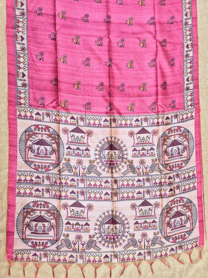 Tussar Silk Saree With  Warli Print Pallu - PINK