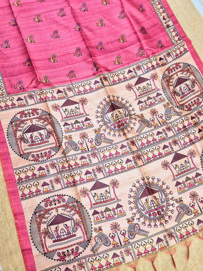 Tussar Silk Saree With  Warli Print Pallu - PINK