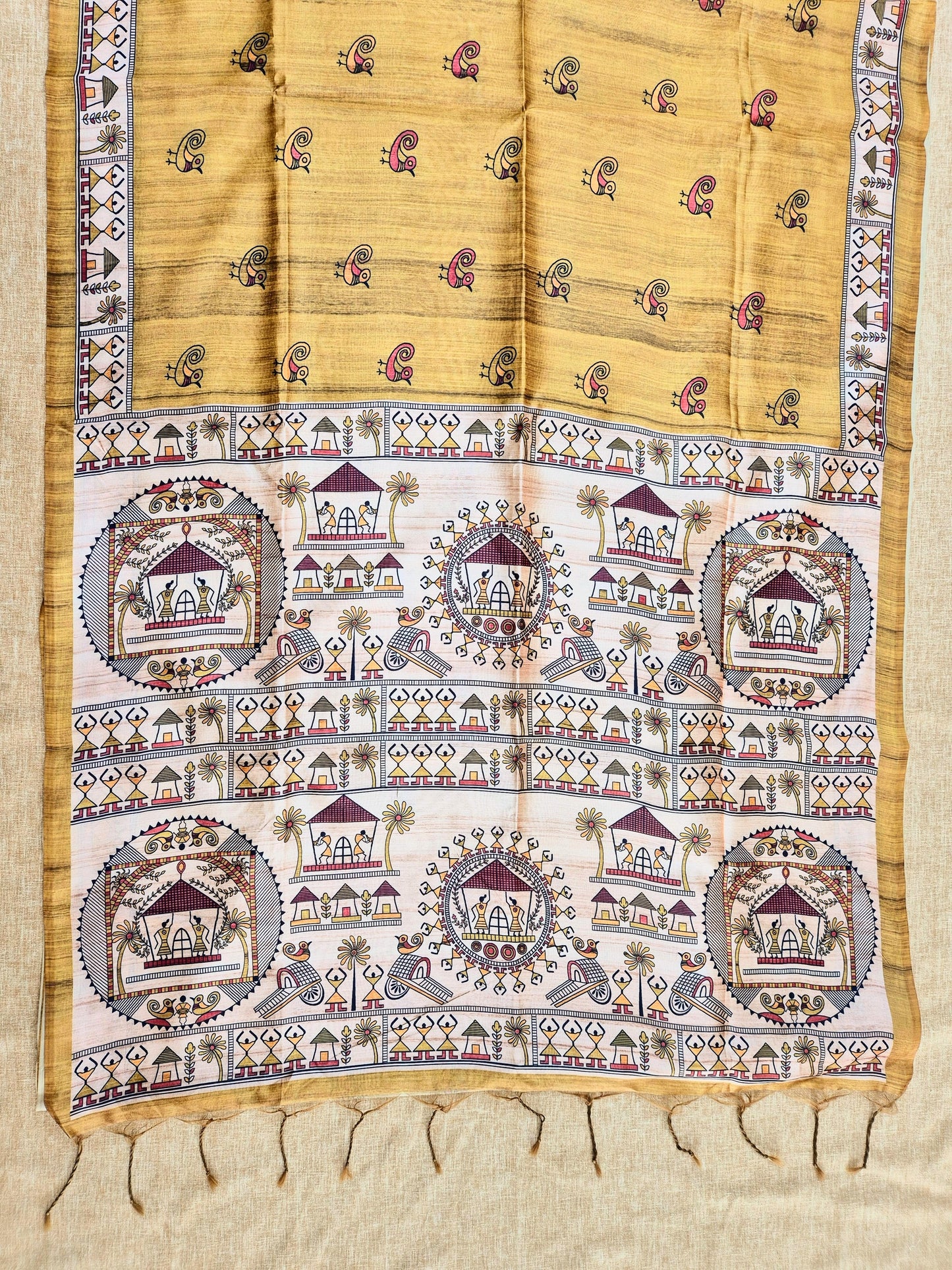 Tussar Silk Saree With  Warli Print Pallu - MEHENDI