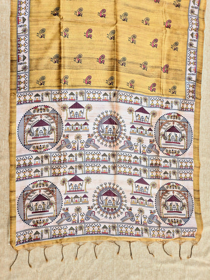 Tussar Silk Saree With  Warli Print Pallu - MEHENDI