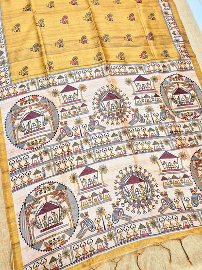 Tussar Silk Saree With  Warli Print Pallu - MEHENDI