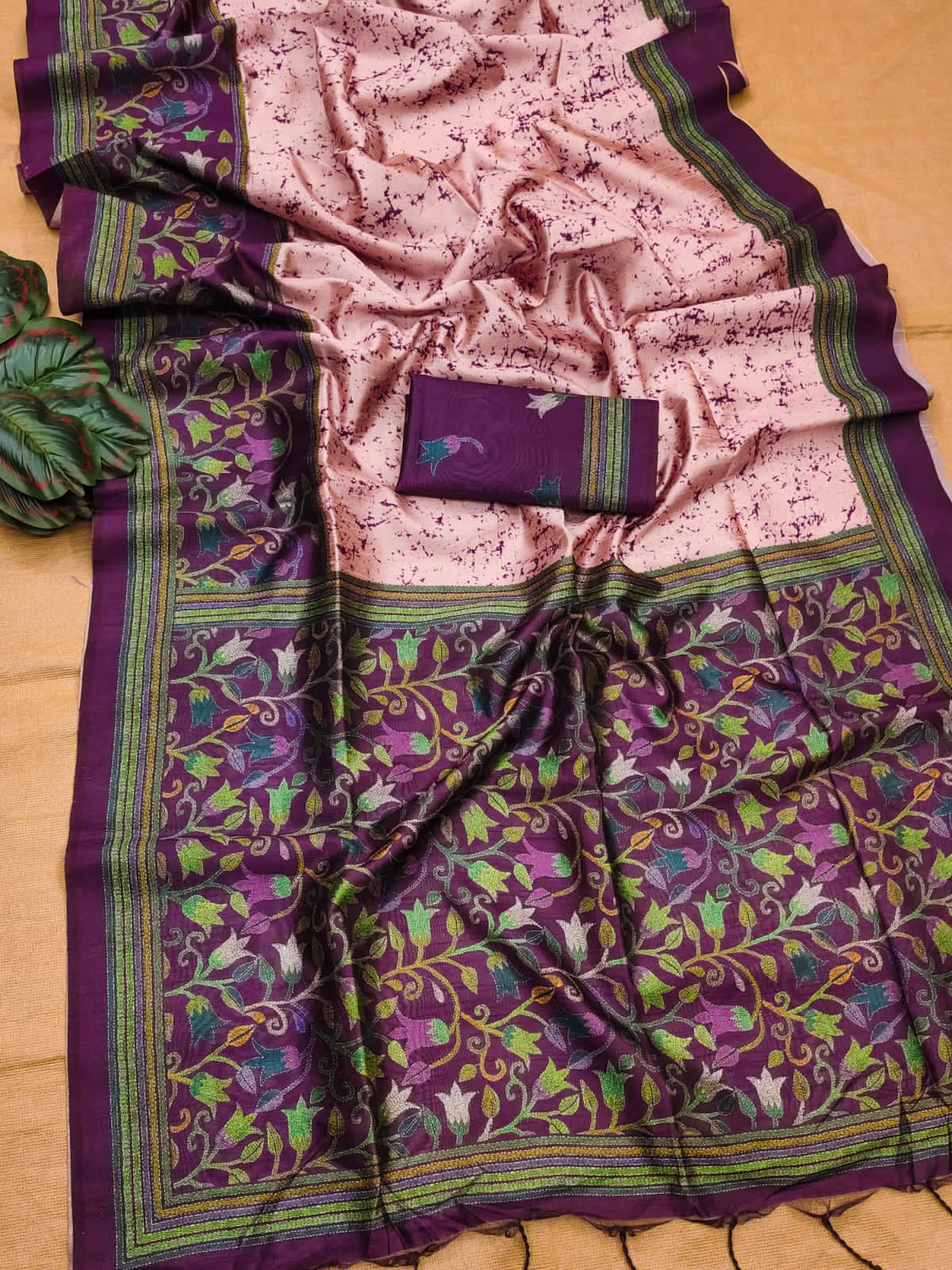 Soft Tussar Silk Saree with beautiful floral print - WINE