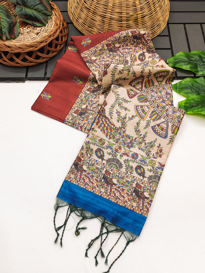 Tussar Silk Madhubani - RED