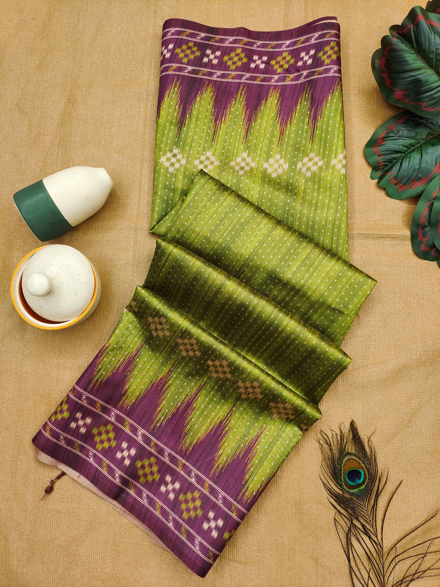 Soft Tussar silk saree with traditional temple print - MAHENDI