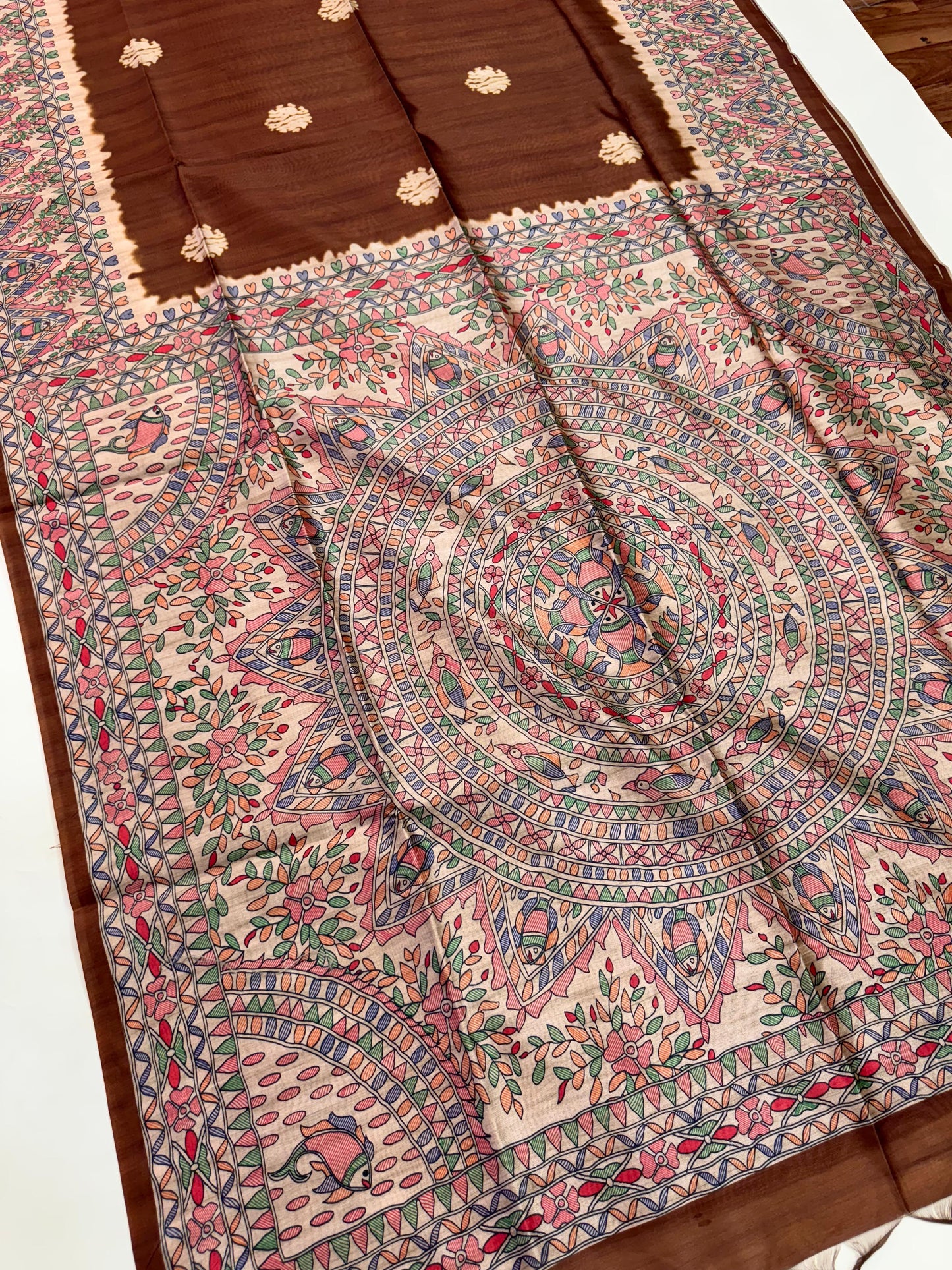 Tussar Silk Madhubani 101 - COFFEE