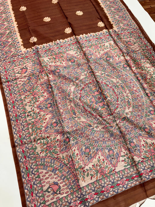 Tussar Silk Madhubani 101 - COFFEE