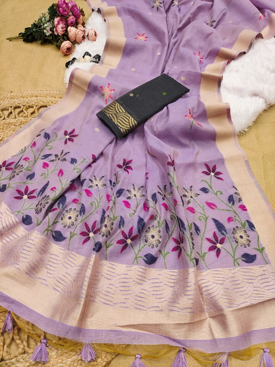 Soft Chanderi Cotton Saree with Intricate Floral Weaving- PURPLE