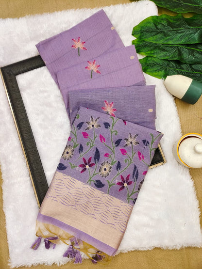 Soft Chanderi Cotton Saree with Intricate Floral Weaving- PURPLE
