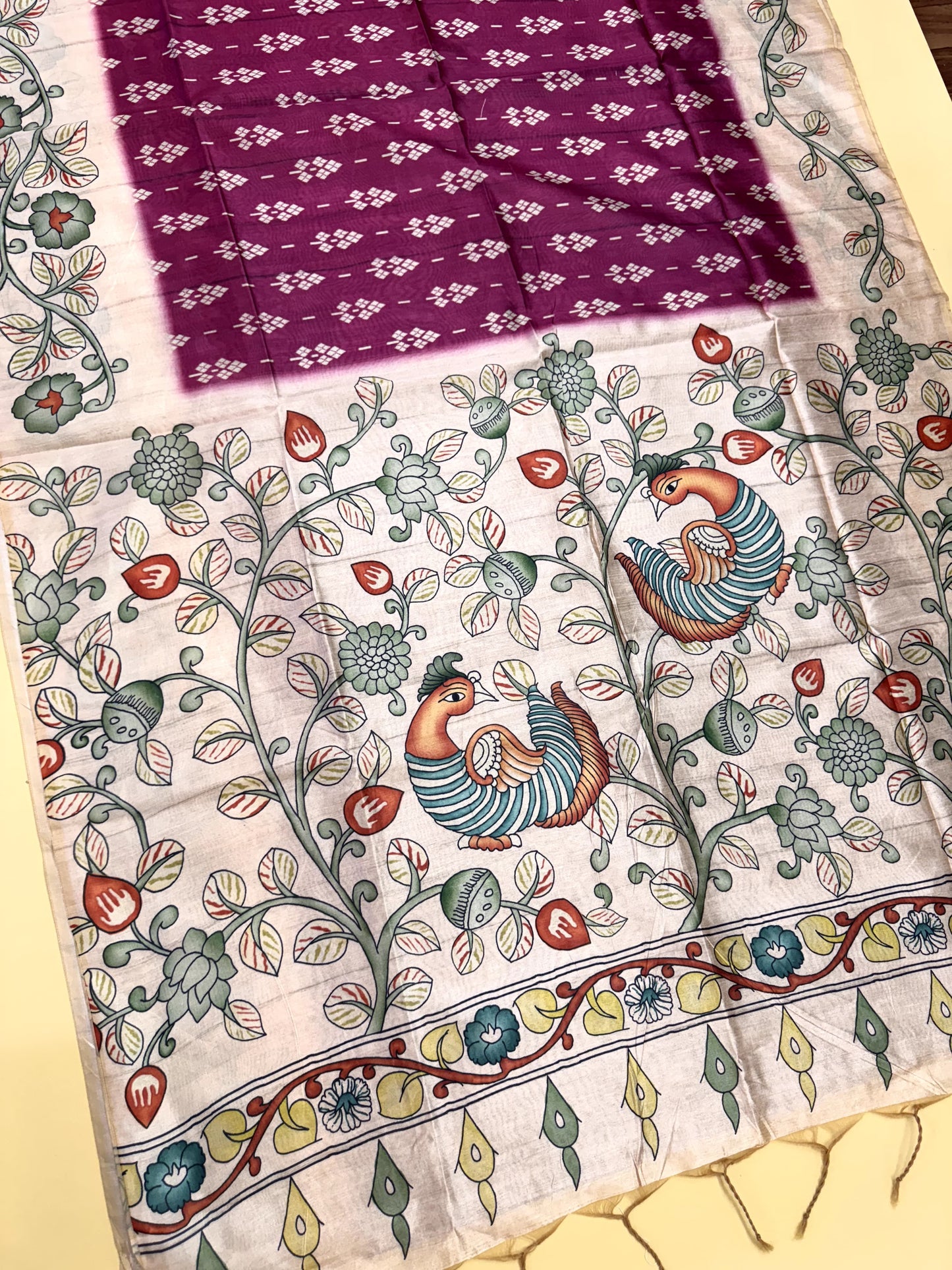 Tussar Silk Kalamkari Printed Pallu - PINK