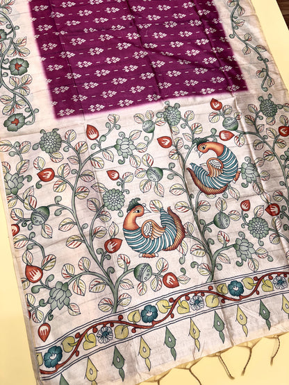 Tussar Silk Kalamkari Printed Pallu - PINK
