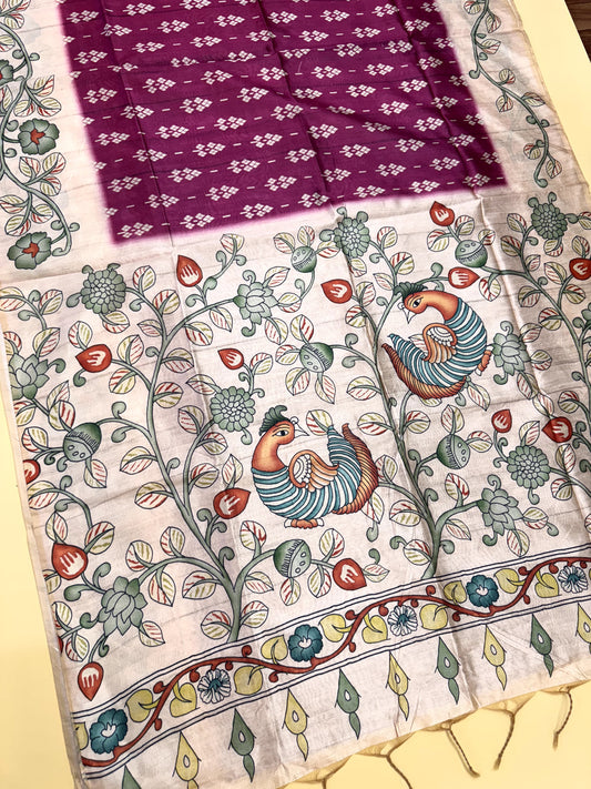 Tussar Silk Kalamkari Printed Pallu - PINK