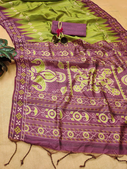 Soft Tussar silk saree with traditional temple print - MAHENDI