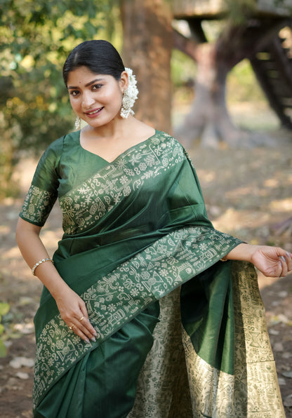 Handloom raw silk saree - BT GREEN