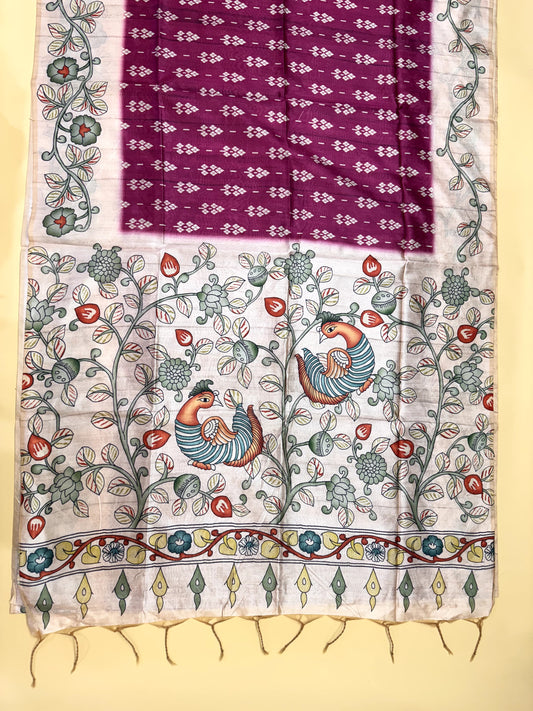 Tussar Silk Kalamkari Printed Pallu - PINK