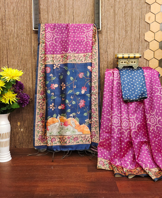 WINE - Tussar Silk Kalamkari Saree