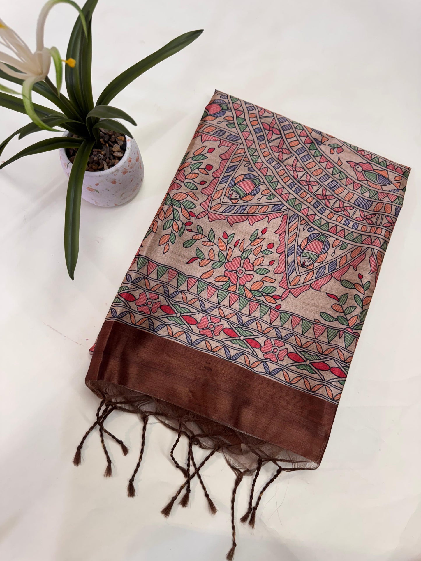 Tussar Silk Madhubani 101 - COFFEE