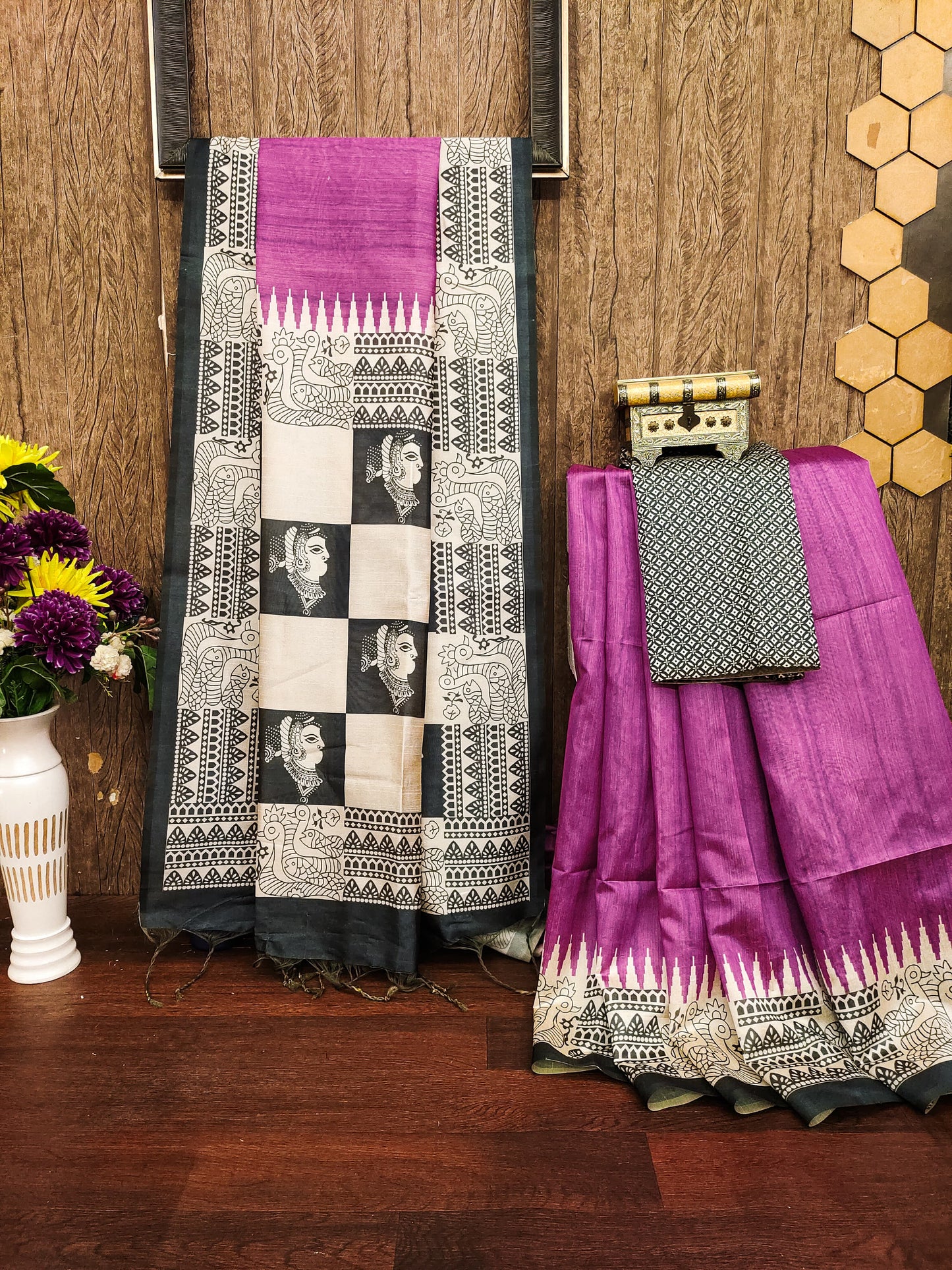 WINE - Tussar Silk Kalamkari Saree