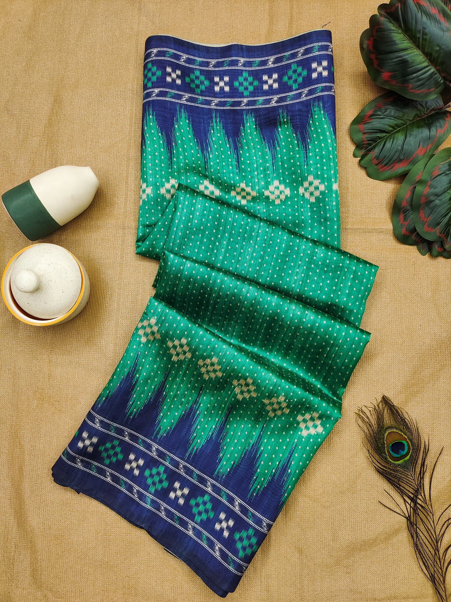 Soft Tussar silk saree with traditional temple print - RAMA