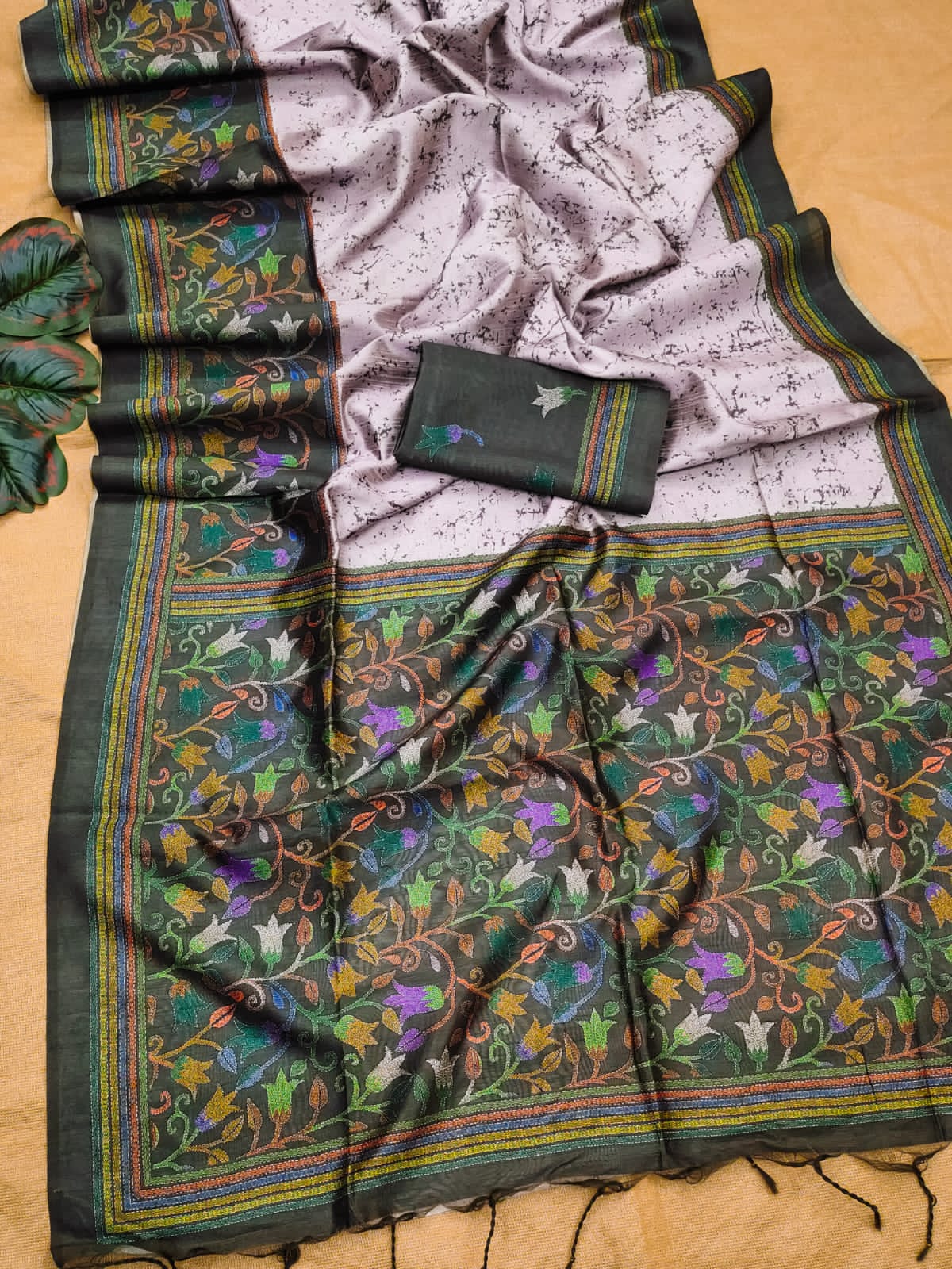 Soft Tussar Silk Saree with beautiful floral print - BT GREEN