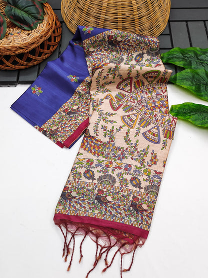 Tussar Silk Madhubani - BLUE