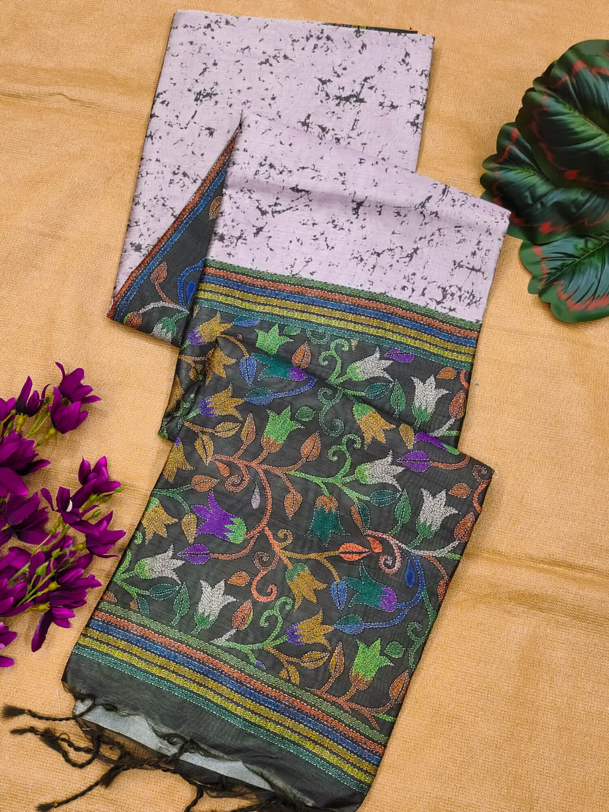 Soft Tussar Silk Saree with beautiful floral print - BT GREEN