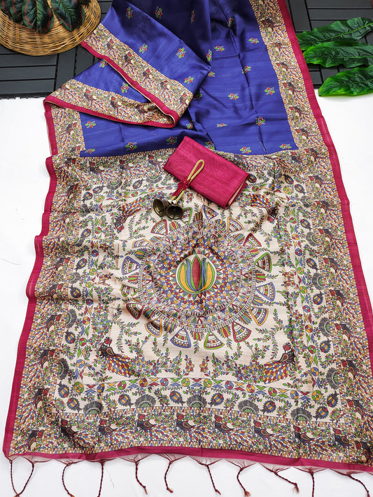 Tussar Silk Madhubani - BLUE