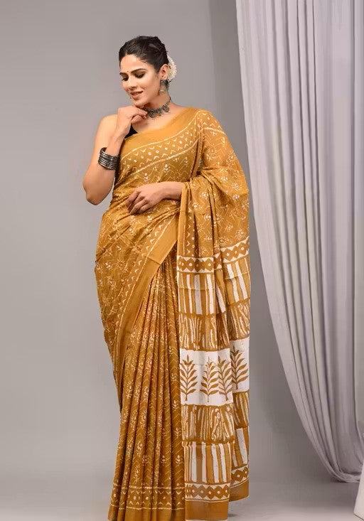 Premium Mustard Printed Tussar Silk Saree for Women – Elegant Ethnic Wear