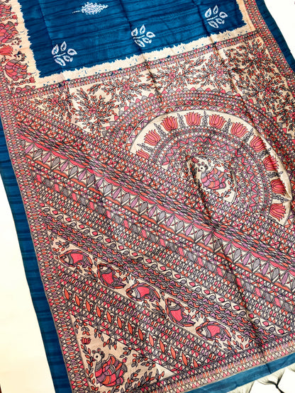 Tussar Silk Madhubani 104 - BLUE