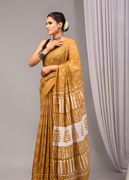 Premium Mustard Printed Tussar Silk Saree for Women – Elegant Ethnic Wear