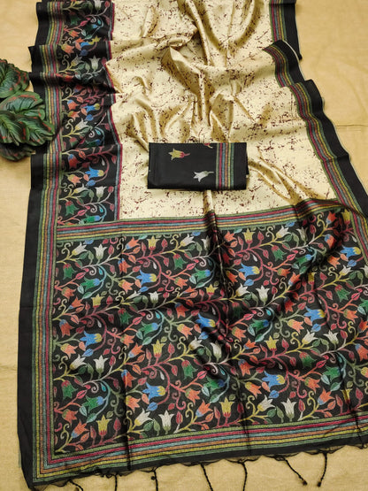 Soft Tussar Silk Saree with beautiful floral print -BLACK