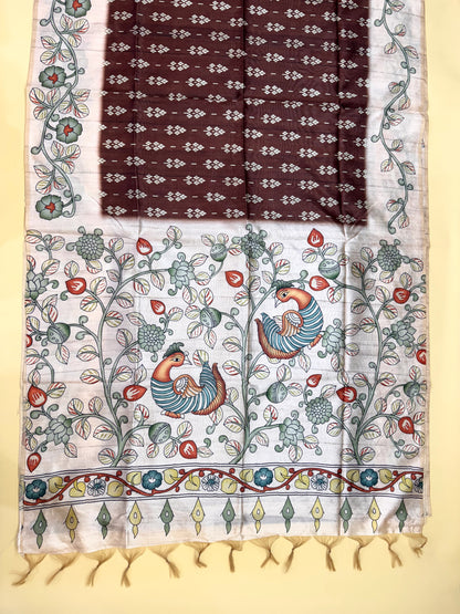 Tussar Silk Kalamkari Printed Pallu -  COFFEE