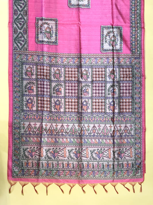 Tussar Silk Madhubani 102 - PINK