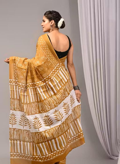 Premium Mustard Printed Tussar Silk Saree for Women – Elegant Ethnic Wear