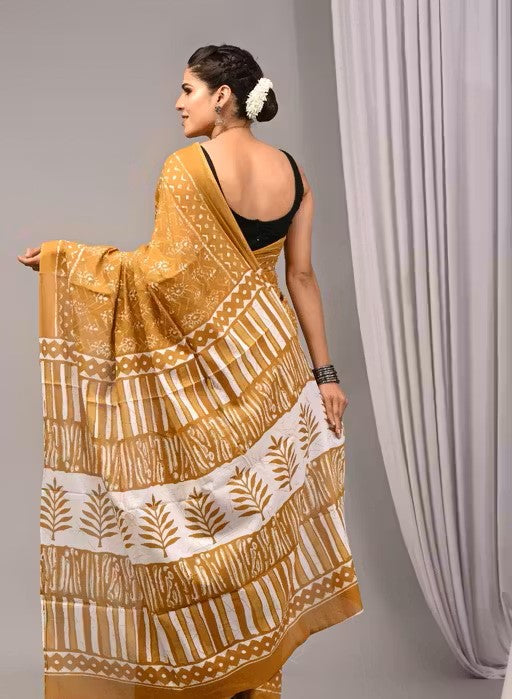 Premium Mustard Printed Tussar Silk Saree for Women – Elegant Ethnic Wear