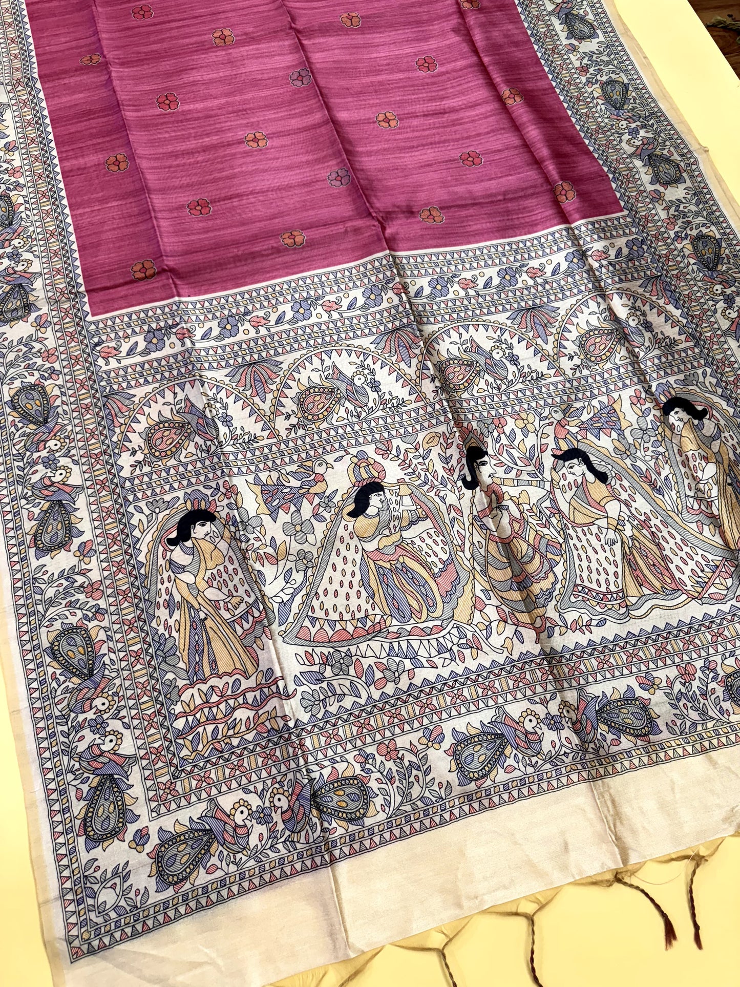 PINK - Tussar Silk Saree Madhubani Pallu