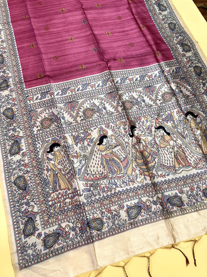 PINK - Tussar Silk Saree Madhubani Pallu