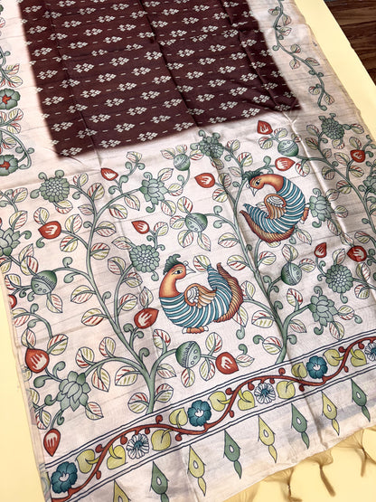 Tussar Silk Kalamkari Printed Pallu -  COFFEE