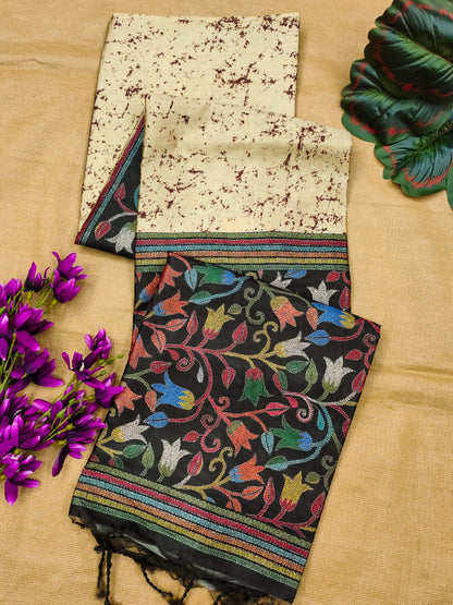 Soft Tussar Silk Saree with beautiful floral print -BLACK