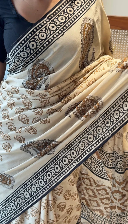 Pure Mul Cotton Hand Block Printed Saree with Matching Unstitched Blouse