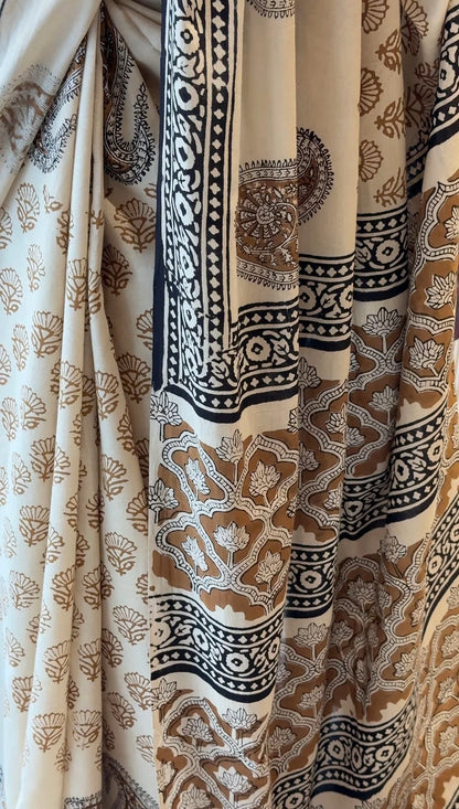 Pure Mul Cotton Hand Block Printed Saree with Matching Unstitched Blouse