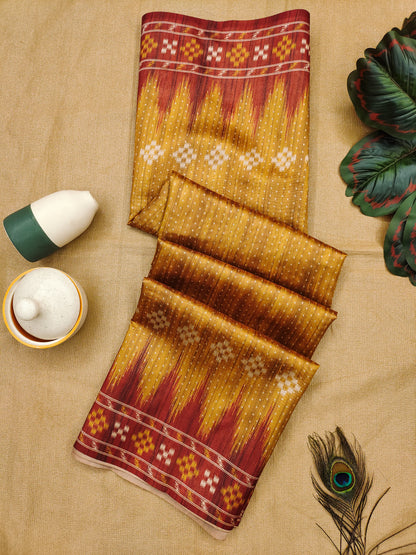 Soft Tussar silk saree with traditional temple print - YELLOW