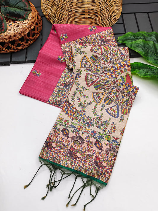 Tussar Silk Madhubani - PINK