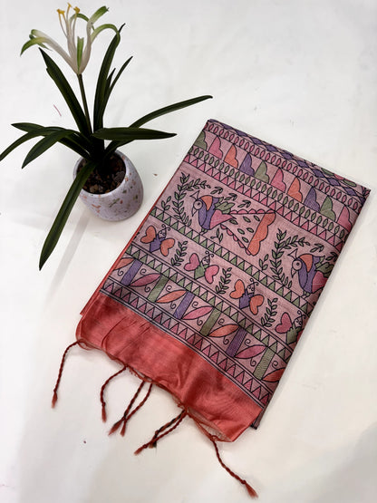 Tussar Silk Madhubani 102 - ORANGE