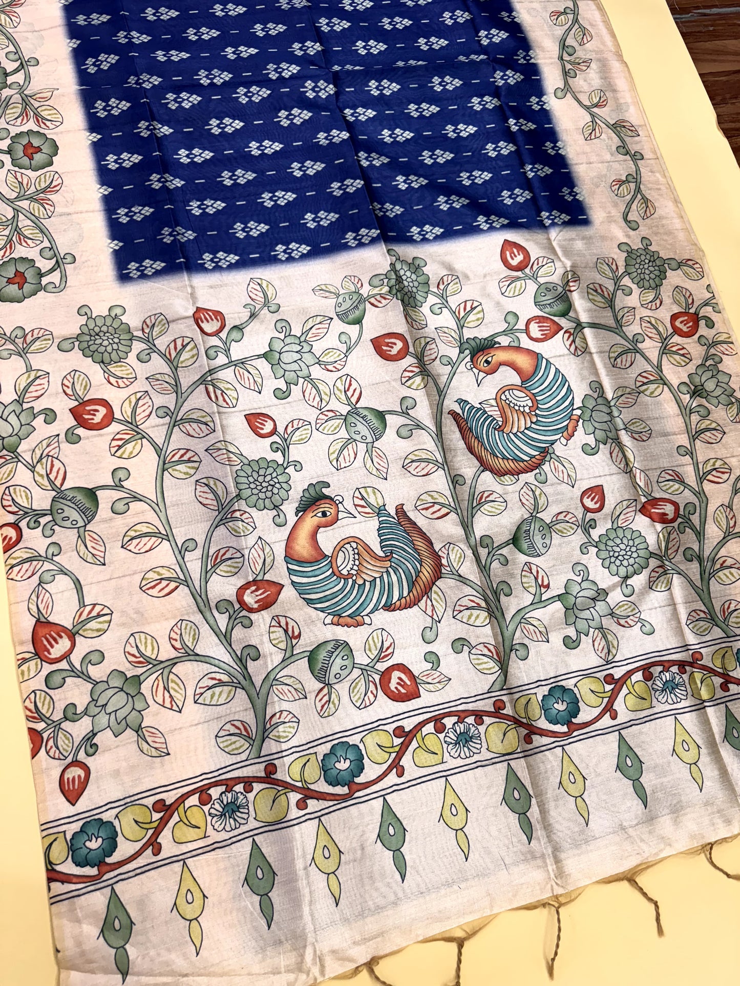 Tussar Silk Kalamkari Printed Pallu - BLUE