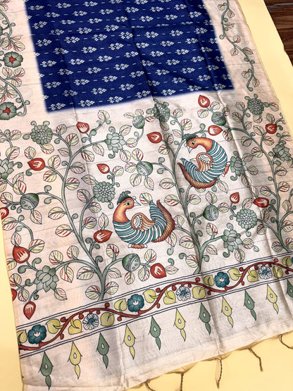Tussar Silk Kalamkari Printed Pallu - BLUE